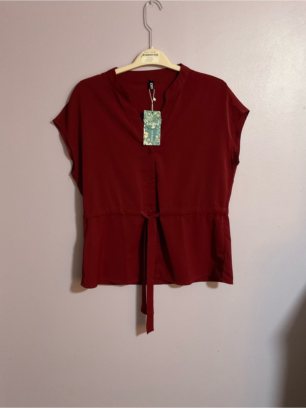 CICIBIRD Women's Tie-Waist Short Sleeve Blouse - Burgundy